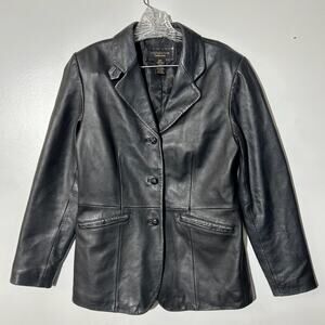 Croft & Barrow Lambskin Leather Button Up Black Outerwear Jacket Womans Medium‎